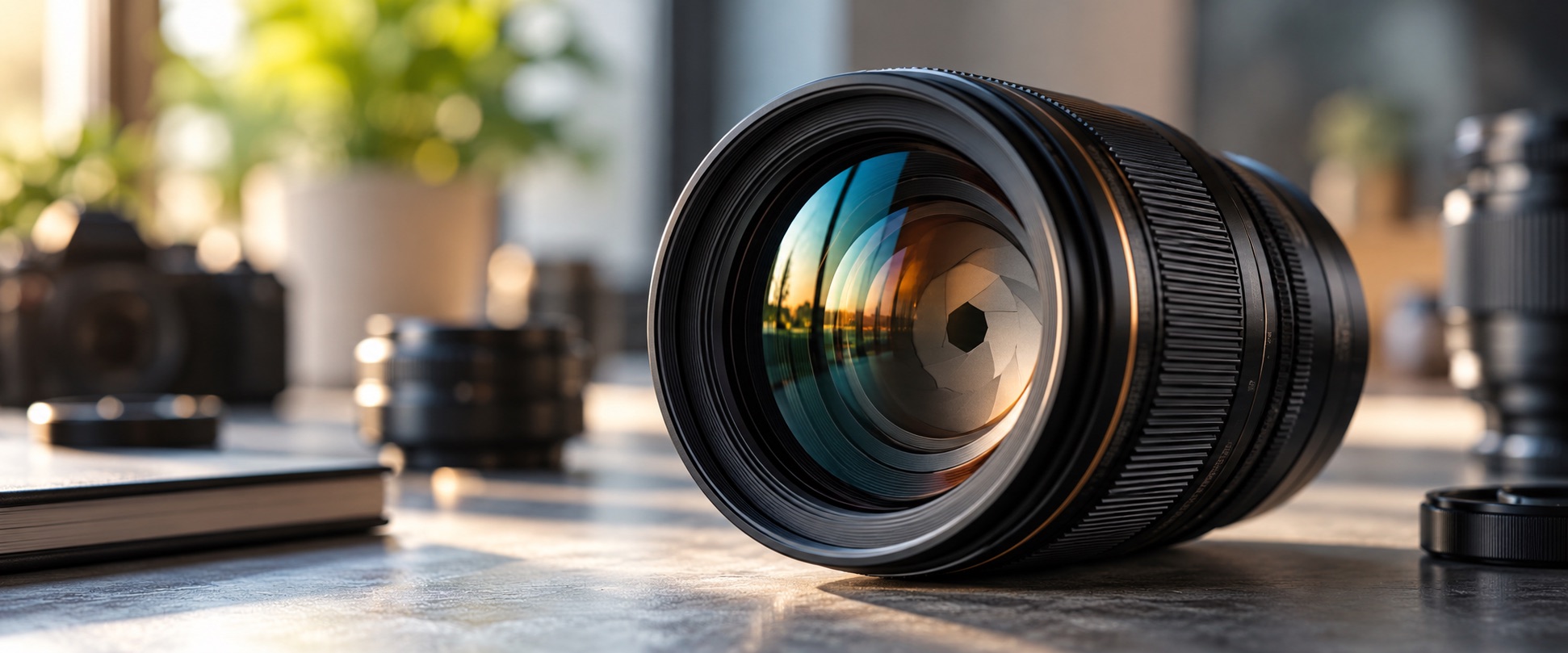 Close-up of a camera lens showing aperture blades and shallow depth of field