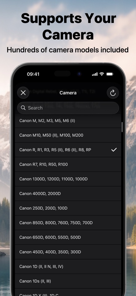 Simple DoF Calculator camera and lens settings screen