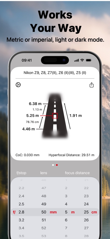 Simple DoF Calculator screenshot showing focus distance and hyperfocal calculation